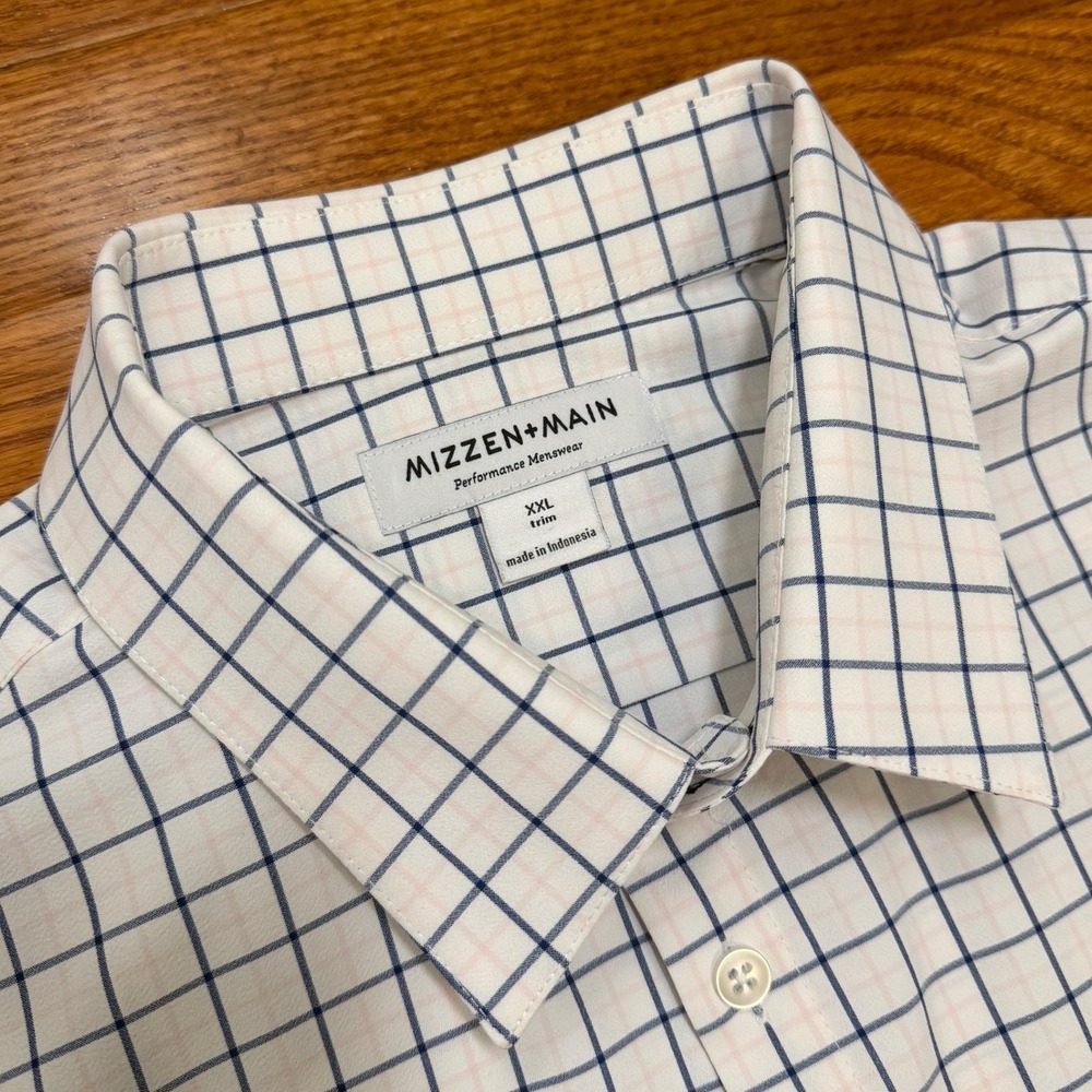 Mizzen+Main Button-Down Shirt Mens 2XL Trim White Pink Blue Plaid Check Stretch